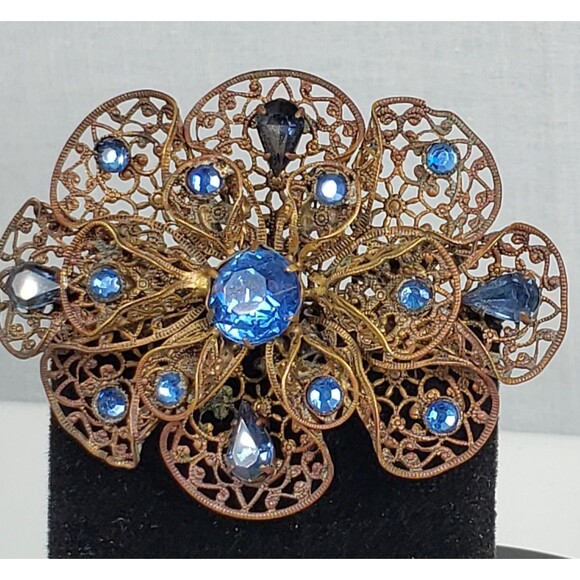 Antique Czech Art Deco Large Blue Glass Gold Tone Filigree Brooch - Picture 13 of 16